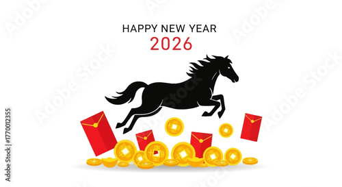 Horse, coins, red envelopes symbolize prosperity for 2026 celebrations. Ideal for chinese new yearthemed designs, finance concepts.
