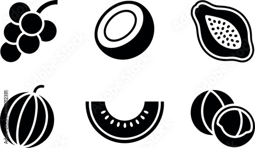 Collection of six hand drawn black and white fruit icons for healthy lifestyle and food design elements vector