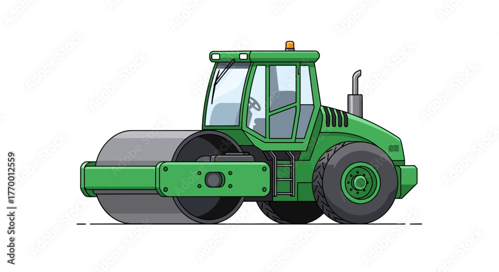 Fototapeta premium Green single drum vibratory roller machine illustration suitable for construction equipment brochures, websites, and educational materials on building infrastructure projects.