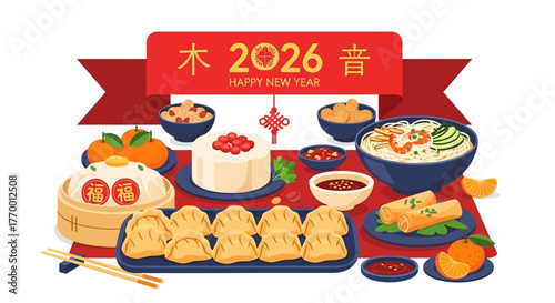 Chinese new year feast with traditional foods, suitable for holiday design projects, culinary blogs, cultural magazines, greeting cards, and festive celebrations.