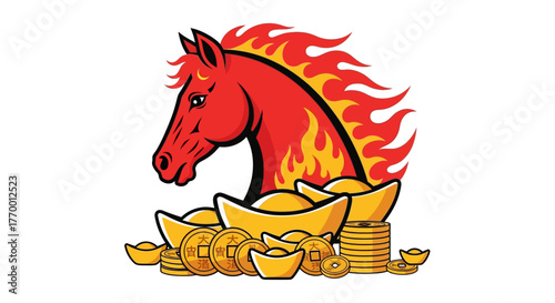 Fiery red horse head and golden ingots coins depicted. Suitable for finance or equestrian themes. Engaging and dynamic concept.
