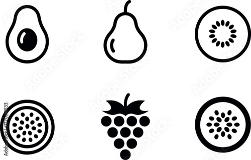 Minimalist black outline icons representing six different delicious fruits for healthy eating and food concepts vector