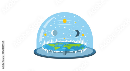Flat earth model inside a dome with celestial objects. Suitable for education, science fiction, or conspiracy theorythemed designs.