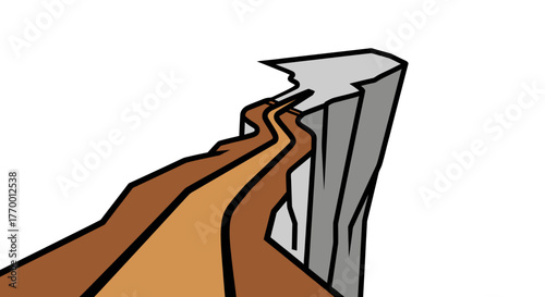 Brown road winding towards gray cliff edge suitable for illustrating paths to unknown destinations, travel, adventure, exploration, and risktaking concepts.