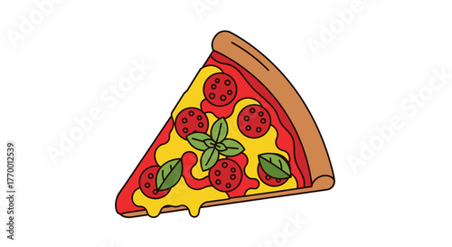 Pepperoni pizza slice on white background with cheese and basil. Perfect for food blogs and restaurant menus.