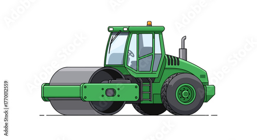 Green single drum vibratory roller machine illustration suitable for construction equipment brochures, websites, and educational materials on building infrastructure projects.