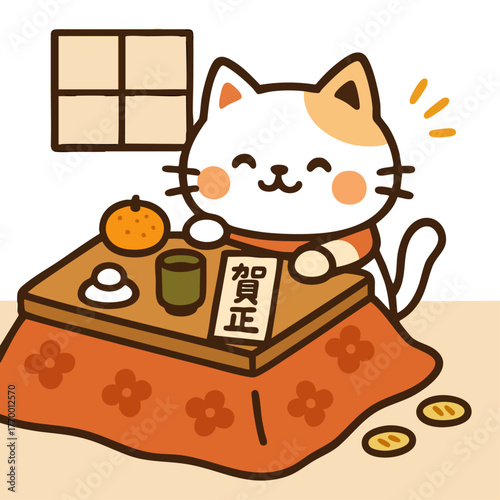 こたつでお正月を過ごすにゃんこ（みかんとお餅を楽しむ冬のイラスト） / Cat Relaxing Under a Kotatsu for the New Year – Cute Anthropomorphic Illustration