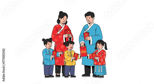 Reveals a family in chinese attire exchanging red envelopes, ideal for chinese new year designs and celebrations. Perfect for cultural event promotions, family celebrations, and holiday graphics.