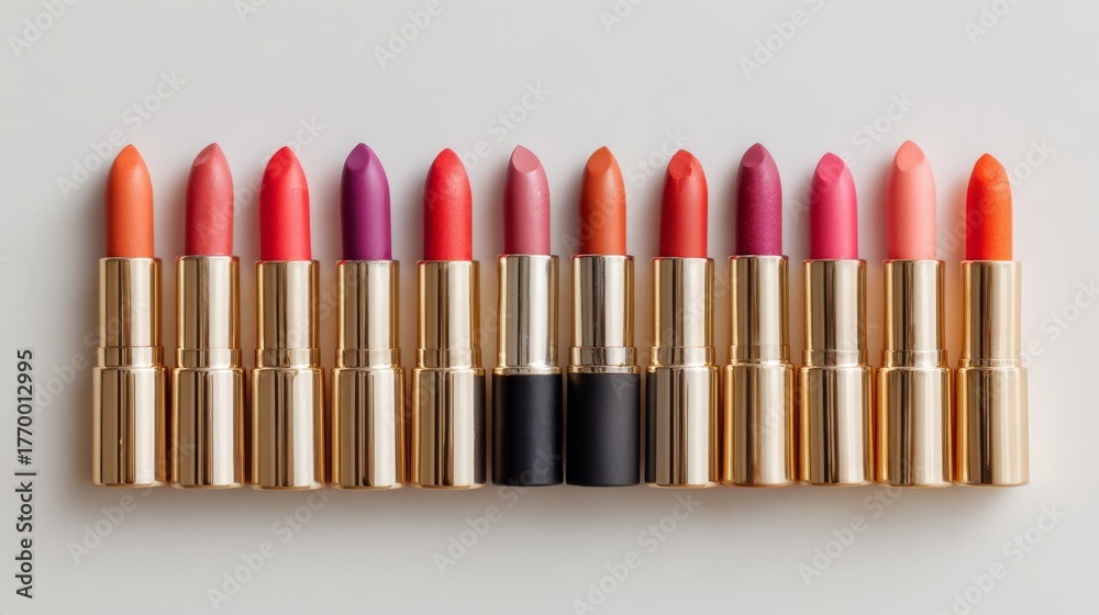 Obraz premium Vibrant Collection of Lipsticks in Gold Tubes Displayed on Light Background for Beauty and Cosmetic Enthusiasts in Fashion Industry