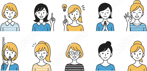 Woman faces expressions illustrations vector set design collection art