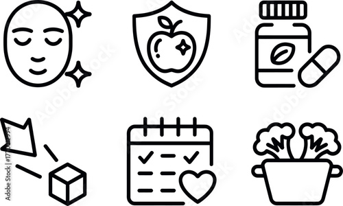 Set of six healthcare and wellness icons for beauty nutrition and lifestyle design elements vector