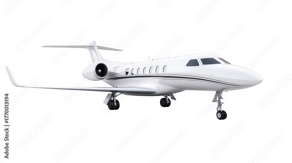 Fototapeta premium A white private jet with black accents parked on a black surface with landing gear extended on transparent background
