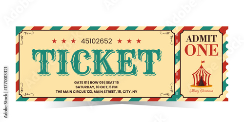 Christmas circus ticket design template. Retro vector illustration isolated on white background. Vintage entry mockup coupon for magic show, theatre, attractions, carnival and more