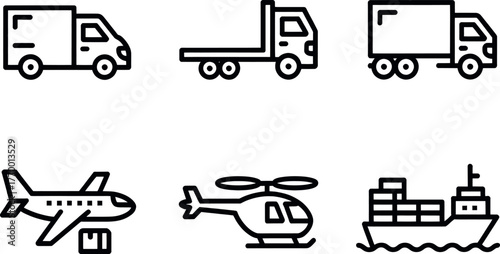 Set of six black and white line art icons representing different modes of transportation and logistics vector