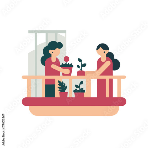 Two women gardening on a balcony with potted plants vector