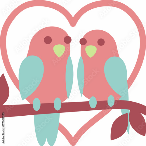 Two pink birds sitting on a branch with a heart