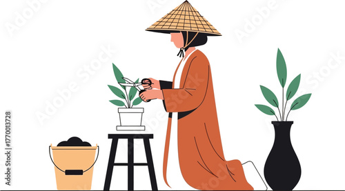 Woman gardening with hat pruning plant illustration vector graphic