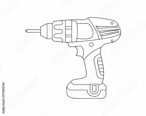 Vector illustration of a black plastic electric power tool drill with a handle, isolated on white