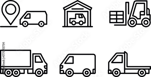 Set of six black and white line art icons representing shipping logistics and delivery services vector