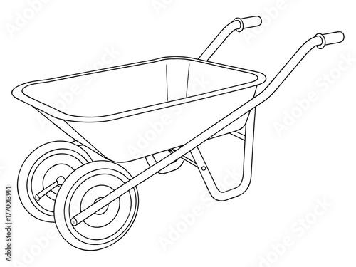 Hand-drawn vector illustration of an old metal wheelbarrow for gardening and construction work, isolated on white