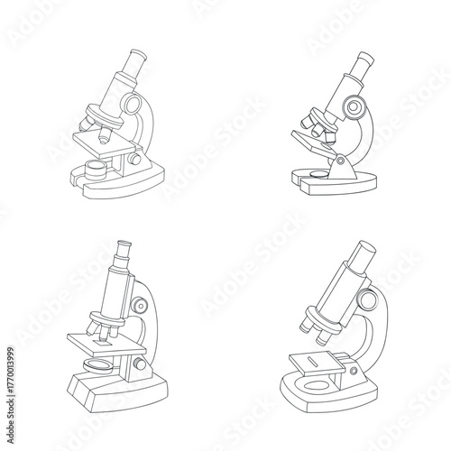 Vector illustration icon set of vintage microscope and laboratory equipment for science research and medical technology design