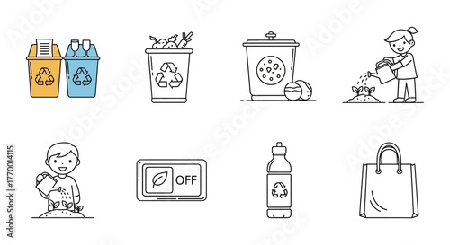 eco friendly icons illustrating environmental sustainability recycling composting planting energy saving reusable items green living.