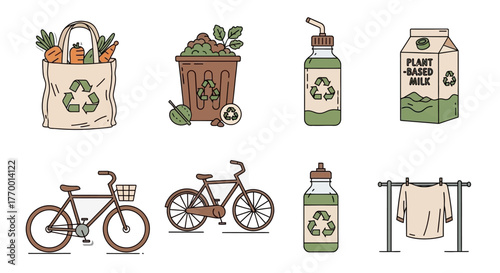 eco-friendly lifestyle icons depicting sustainable living practices like recycling plant-based diets and reusable items for green consumption.