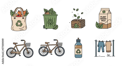 eco-friendly sustainable lifestyle icons demonstrating green daily practices recycling composting plant-based food and biking.