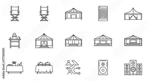 event planning line icons showcasing party tents director chairs audio equipment buffet catering and guest flow symbols