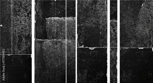 distressed black and gray grunge texture with rough surface details separated by stark white lines creating an abstract industrial background.