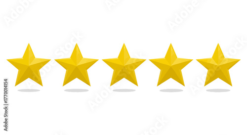 five golden stars representing a top 5-star rating premium quality and excellence on a clean white background ideal for awards.