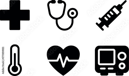 Six essential medical icons set featuring cross stethoscope syringe thermometer heartbeat monitor vector