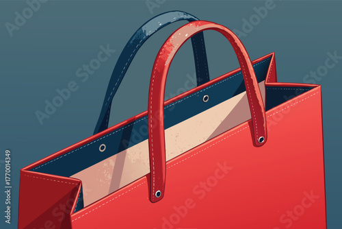 Angled close up, red paper bag handle, glossy texture, studio lighting, minimalist, macro, advertising, consumerism, shopping bag.