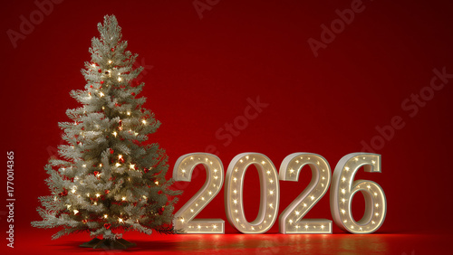 Elegant Christmas Tree with Glowing 2026 Numbers on Red Festive Background