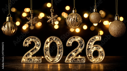 Glowing 2026 Christmas Background with Ornaments and Golden Lights