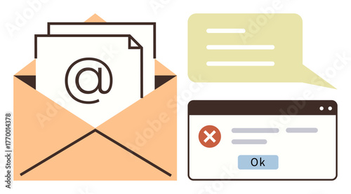 Open envelope with symbol, chat bubble, and error dialog box with Ok button. Ideal for email communication, error detection, messaging, digital connection, online interaction, troubleshooting simple