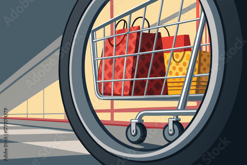 Angled close-up of a clean, shiny shopping cart wheel, partially obscuring a blurred 'SALE' sign, suggesting retail commerce.