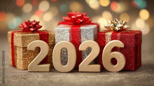 Festive Christmas Background with Gift Boxes and Shiny 2026 Numbers