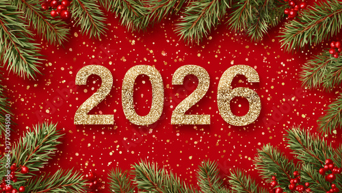 Red and Gold Festive Christmas Background with Pine Branches and 2026 Numbers