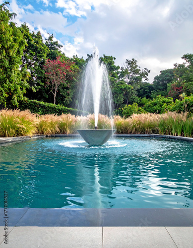 Moderna fuente de agua al borde de la piscina.