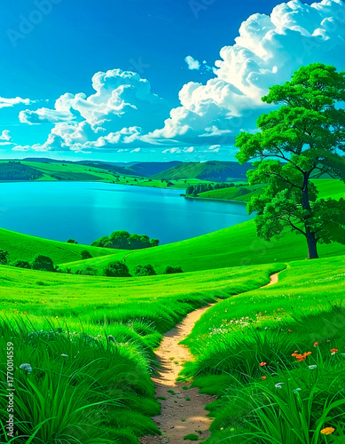 Paisaje de campo verde y un camino que conduce al lago azul.