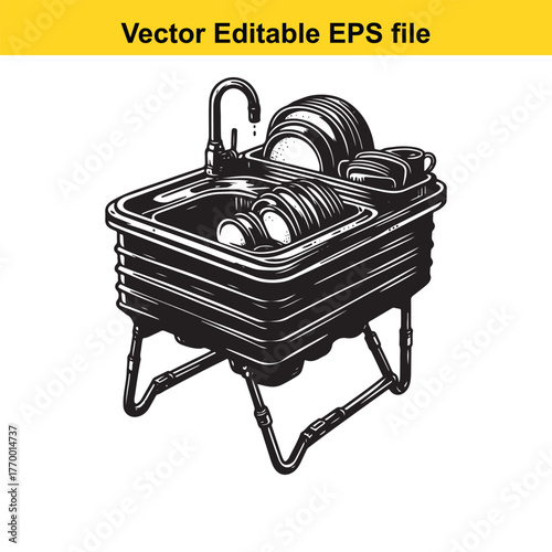 Vintage black and white illustration of a portable dish drying rack with a faucet and dishes