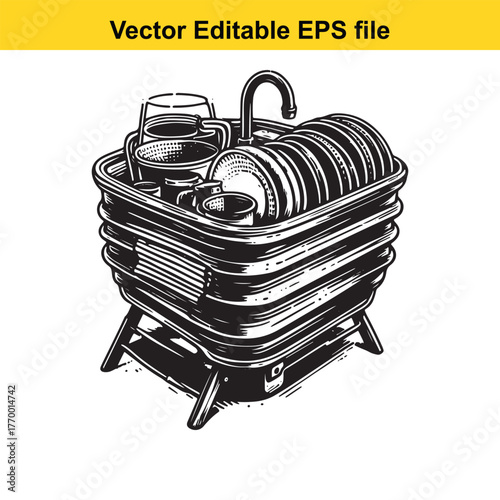 Black and white drawing of a portable dish drying rack filled with plates, cups, and mugs, featuring a faucet