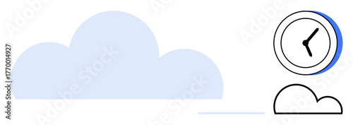 Large cloud and small clock suggesting time management, workflow productivity, remote work, data storage. Ideal for technology, automation, organization, efficiency planning scheduling. Flat