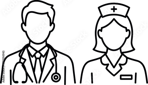 Simple line drawing of doctor and nurse medical professionals teamwork concept vector