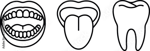 Line drawing set of open mouth with teeth tongue and a single tooth icon vector