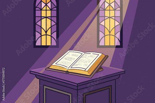 Open bible on ancient stone altar, soft mystical golden light radiating, sacred ambiance, devotional worship.