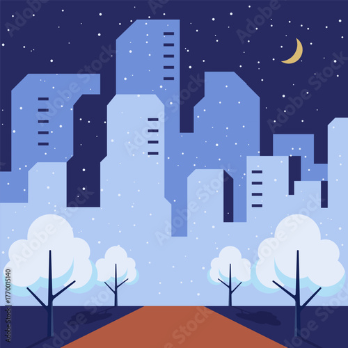 Winter night urban cityscape scenery with skyline landscape and snowy park background. Minimalist flat design style