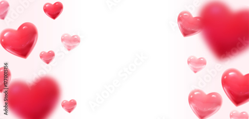 3d realistic horizontal vector banner with red and pink hearts with space for text.