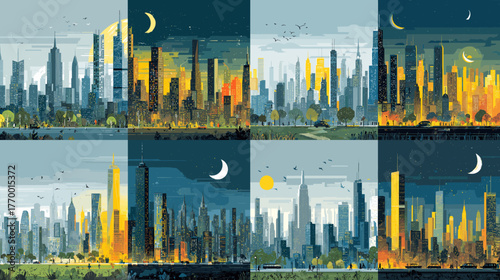Vibrant city skyline illustration showing day and night scenes with skyscrapers and reflections. Modern urban landscape art in geometric minimal style.